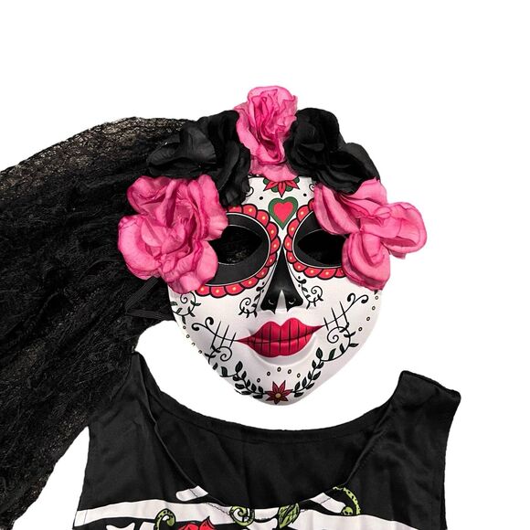 Skeleton Dress Mask Leggings Arm Sleeves Día de los Muertos 6 Piece Costume SM - Picture 5 of 7